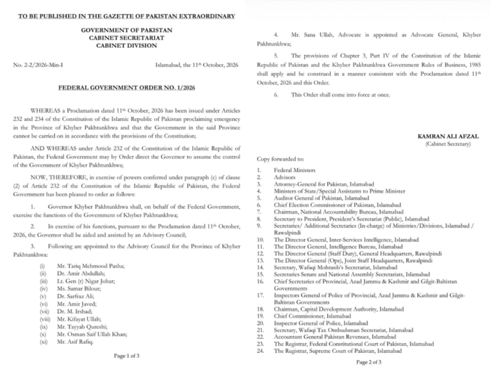 Govt forms advisory council to run K-P affairs, orders ADS in 12 districts to improve law and order