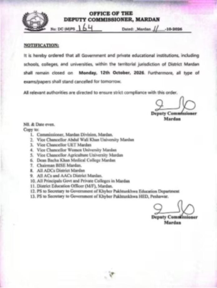 Educational institutions in three K-P districts to remain closed on Monday